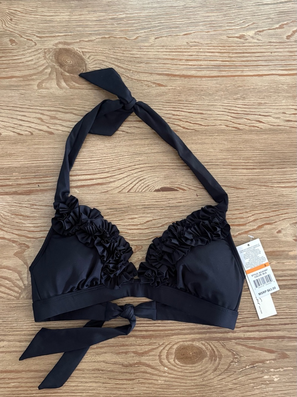 Nwt sexy bathing suit top black ruffle fancy bikini top small adjustable